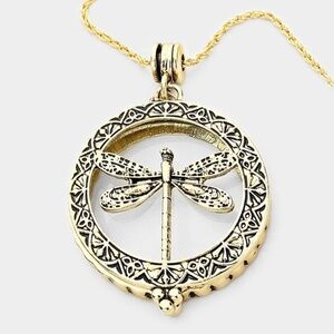 Dragonfly Magnifying Glass Pendant Long Necklace 5x mag